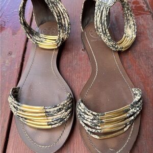 Gold and Snakeskin Flat Sandals with Ankle Strap
